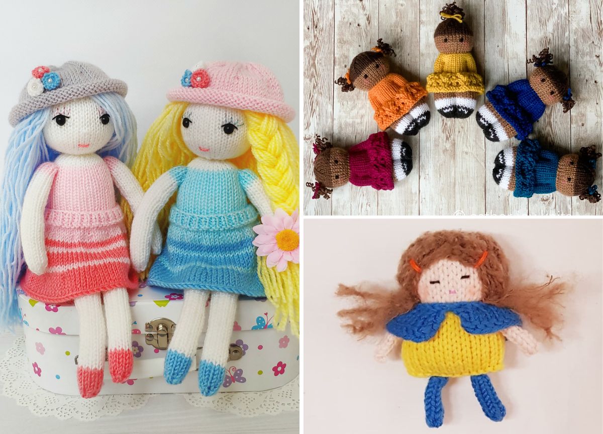 Three images: two colorful knitted dolls showcasing intricate patterns on a box, five small multicolored knitted dolls arranged in a circle, and one small doll in a yellow dress lying flat.
