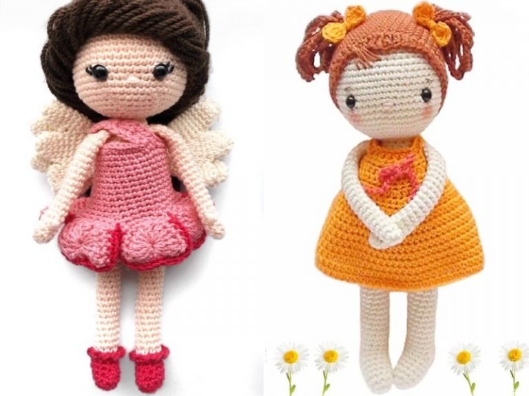Two crocheted dolls are shown next to each other.