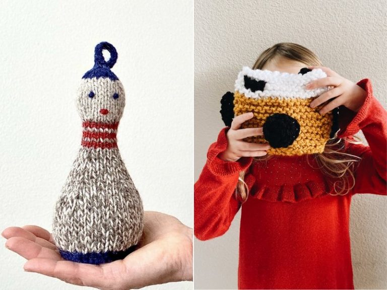 Two pictures of a girl holding a bowling ball and a knitted doll.