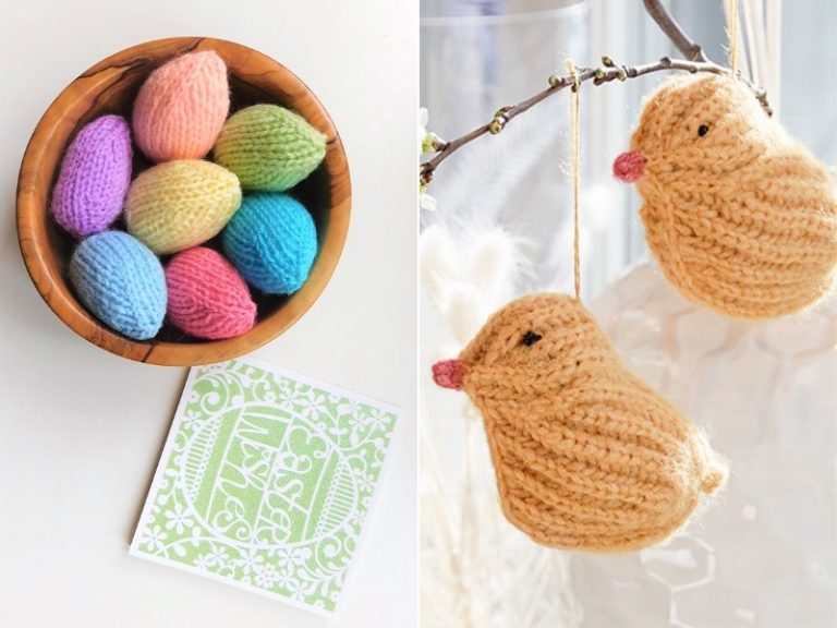 Knit Easter decorations featuring crocheted chicks and eggs.