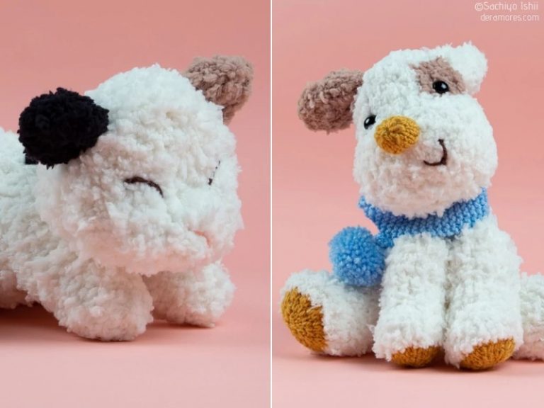 Two knit stuffed animals on a pink background.