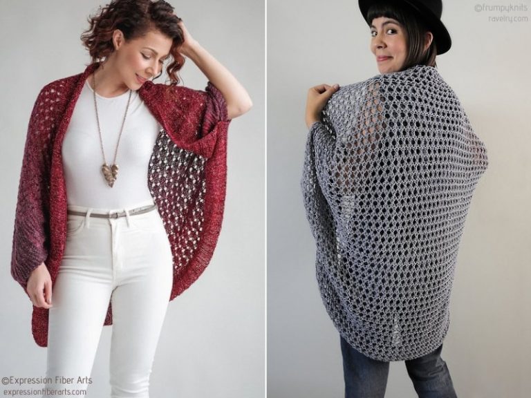 Two pictures of a woman wearing an openwork crocheted cardigan.