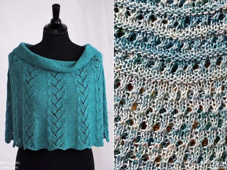 A knitted shawl and a knitted knit capelet on a mannequin.