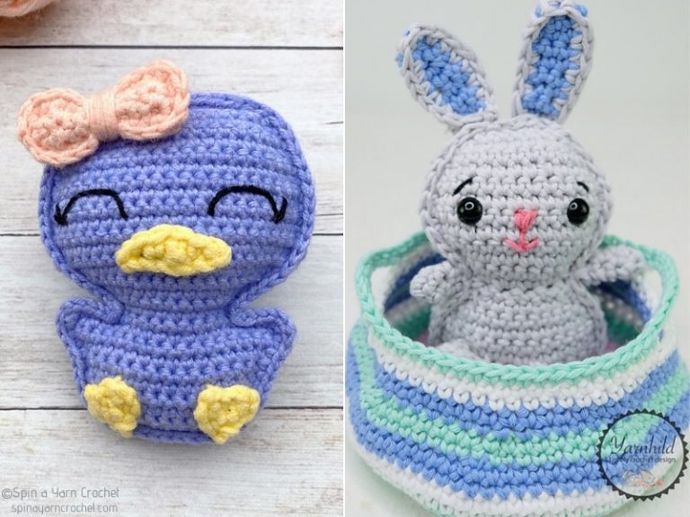 A crocheted bunny and a crocheted bunny in a basket, perfect for Easter.