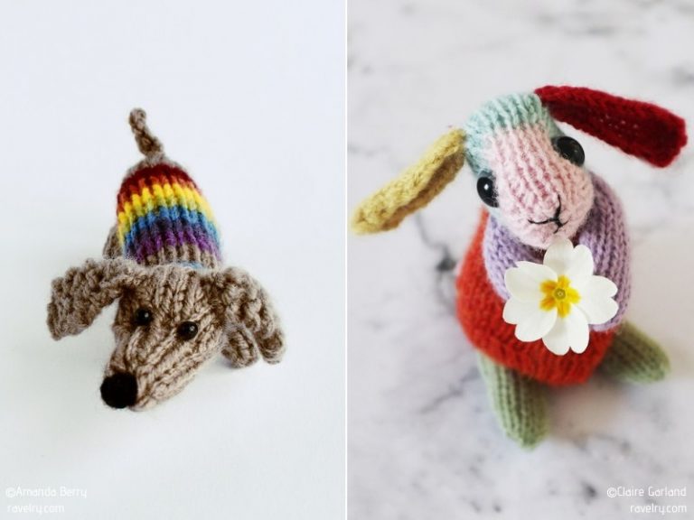 Two pictures of a knitted dog and a flower showcasing free patterns.