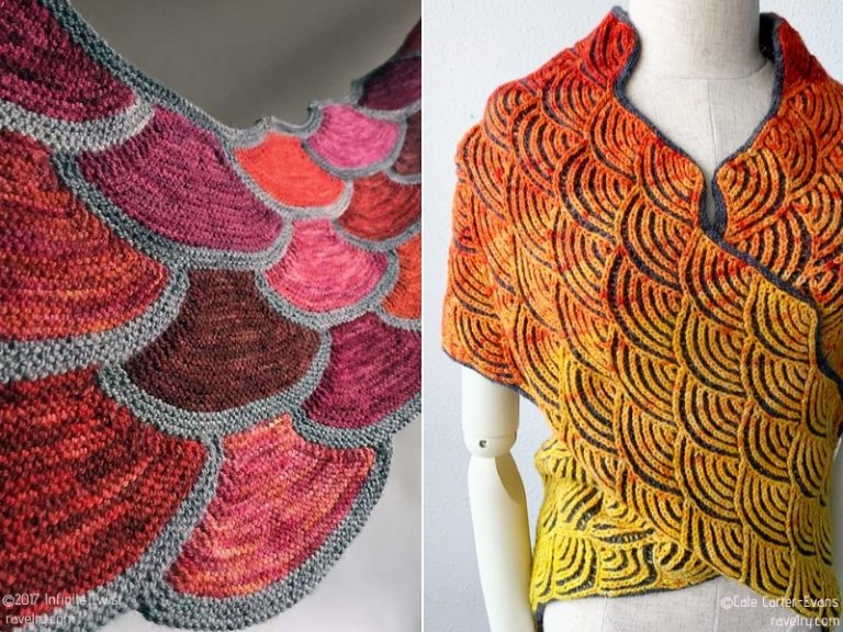 Two pictures featuring a knitted shawl and a mannequin showcasing modular shawls.