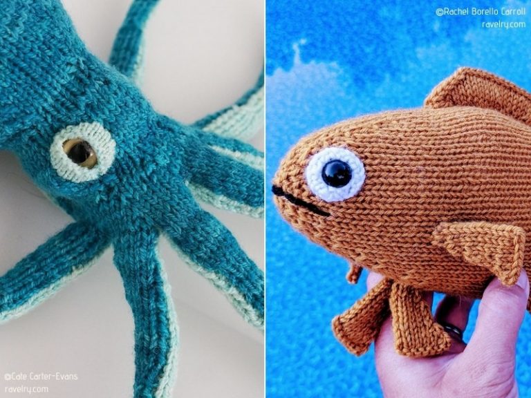 Two free knitting patterns for knitted octopus and fish softies.