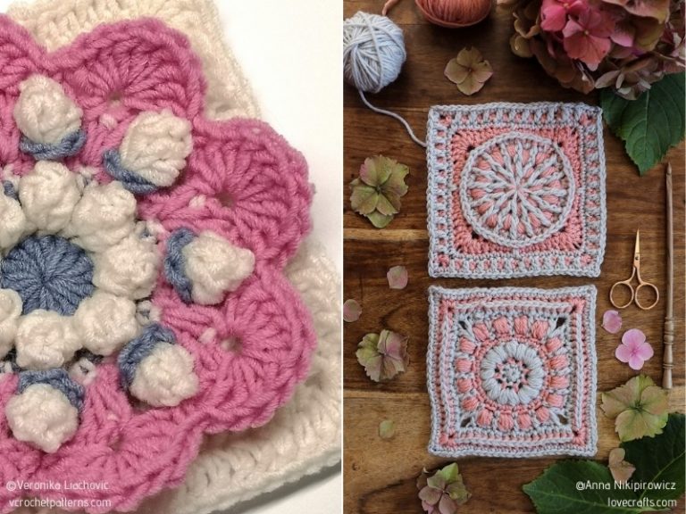 A floral crochet pattern with a square motif displayed on a table.