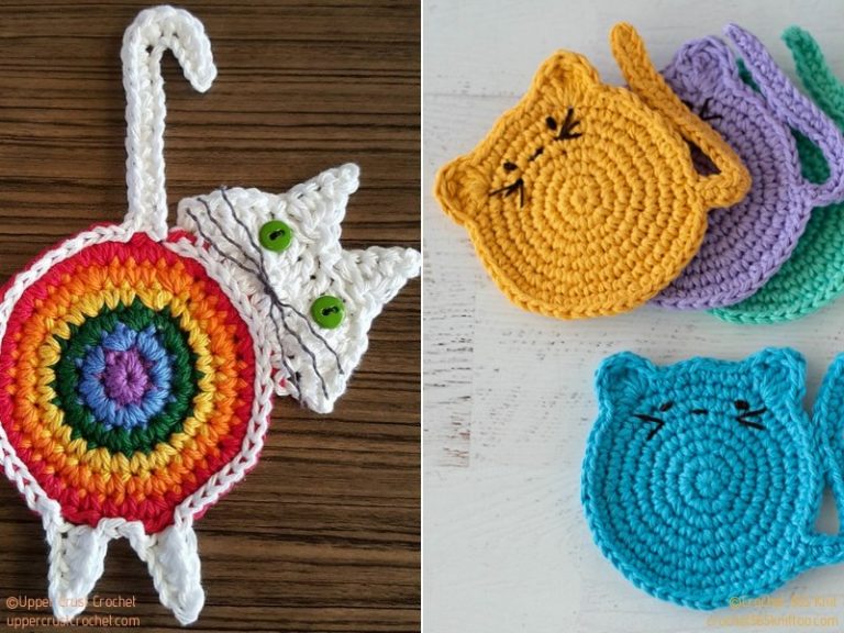 Two pictures of crochet cat coasters.