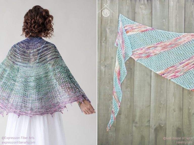 Two pictures of a woman wearing a crocheted summer shawl.