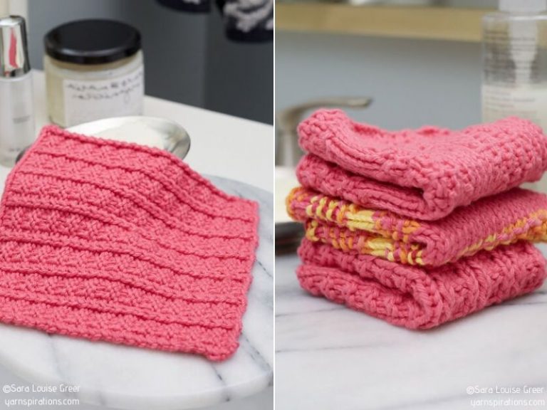 Two free knitting patterns for pink washcloths on a counter.