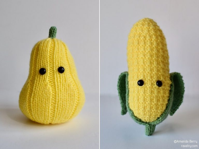 Two pictures of knitted corn and pear patterns.