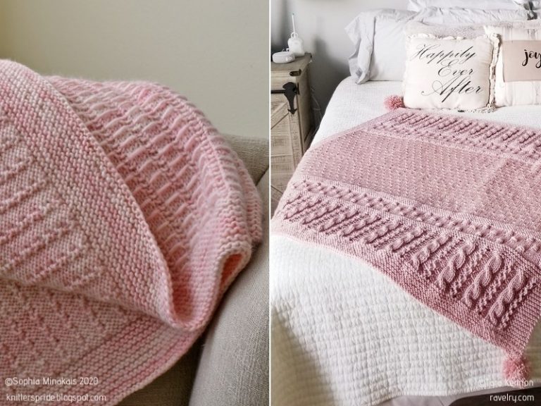 Two pictures of a pink blanket on a bed showcasing knitting patterns for baby blankets.