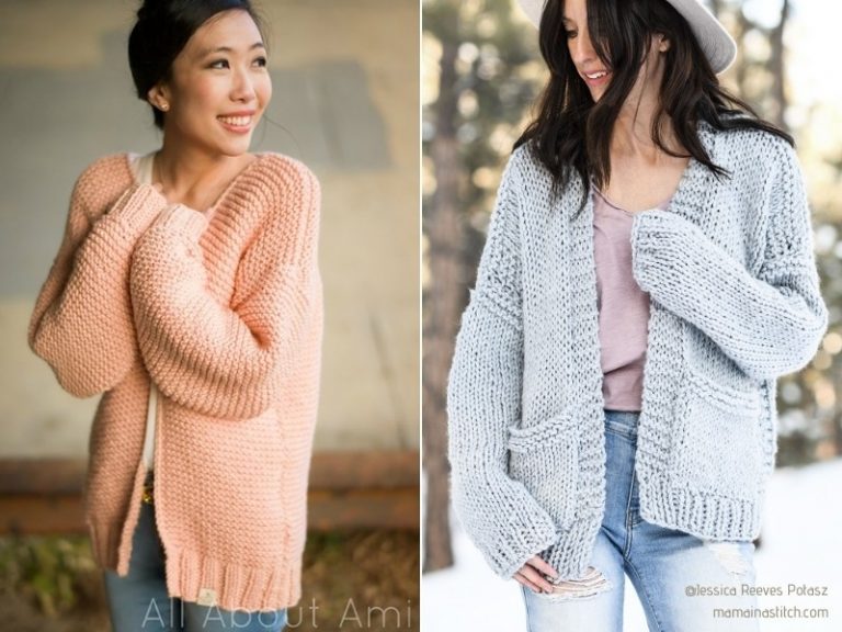 Two pictures of a woman wearing a knitted cardigan showcasing free chunky knitting patterns.