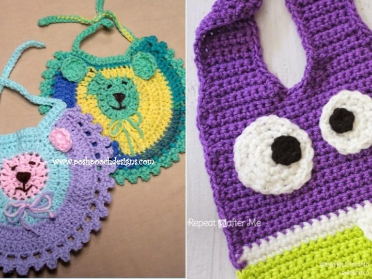Two crocheted monster bibs.