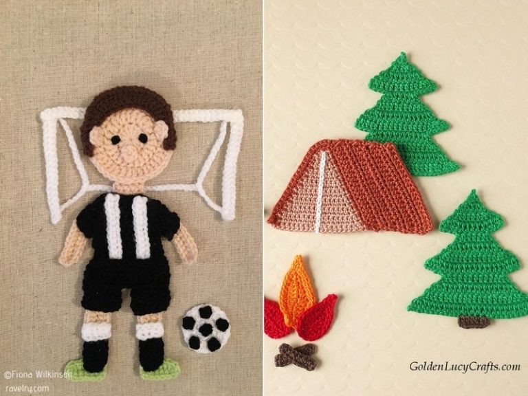 A crocheted soccer player wearing a camping tent as a hat.