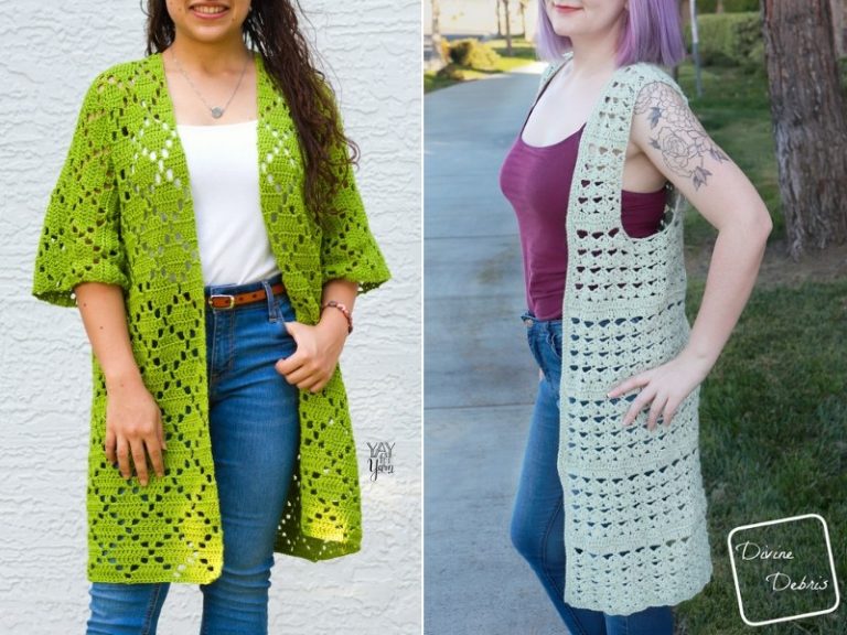 Two pictures of a woman wearing a green crocheted kimono.