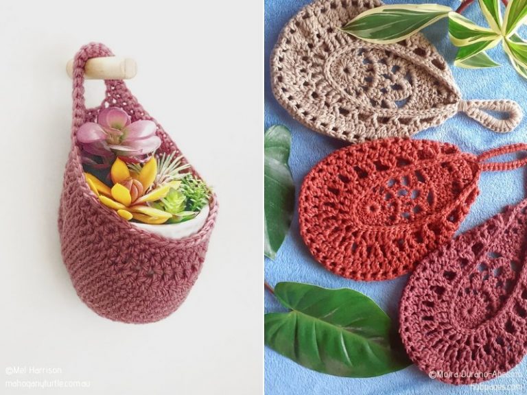 Two crocheted hanging baskets on a wall.