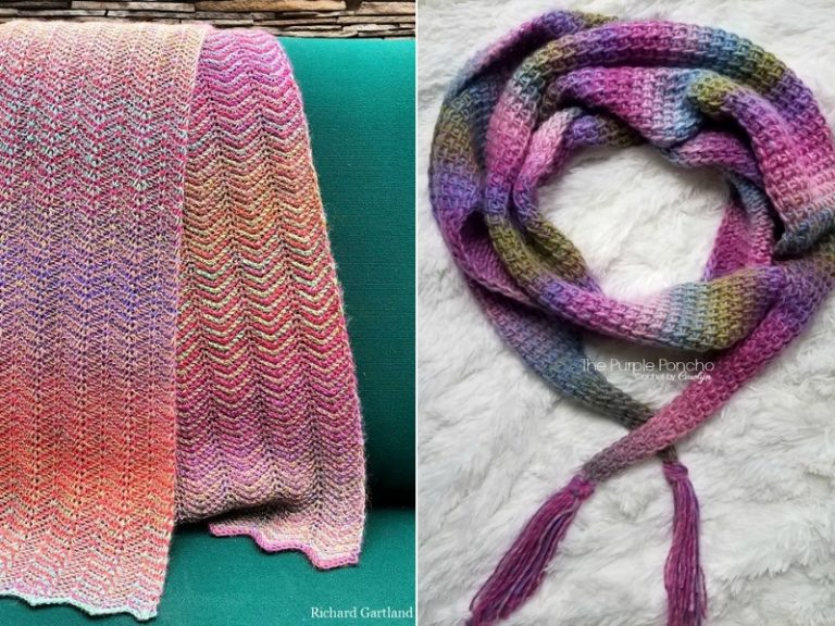 Two pictures of Tunisian crochet scarves.