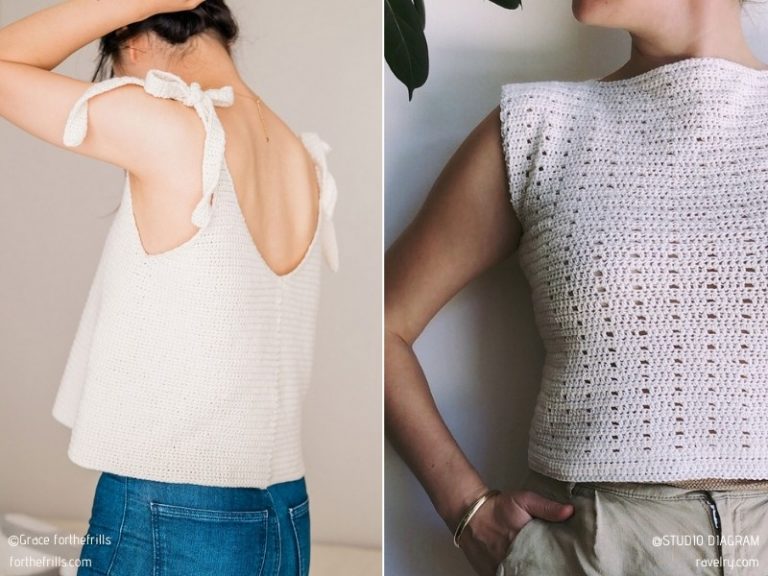 Two pictures of a woman wearing a crochet top.