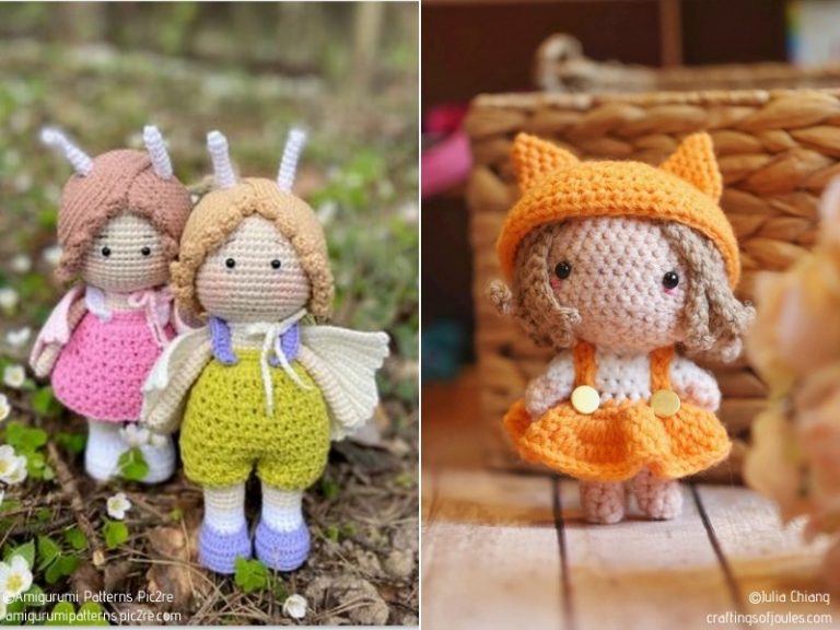 Two pictures of adorable amigurumi dolls.