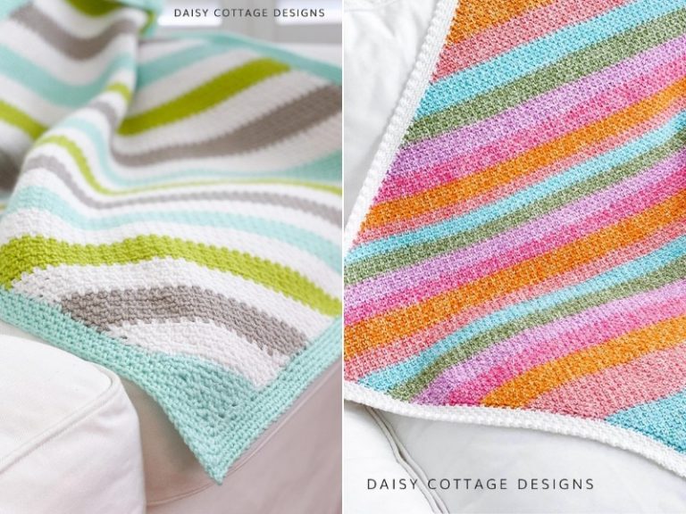Two pictures of linen stitch baby blankets on a couch.