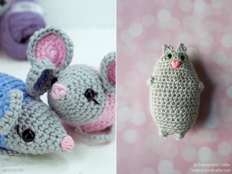 Two pictures of crocheted mice and a ball of yarn featuring amigurumi patterns.