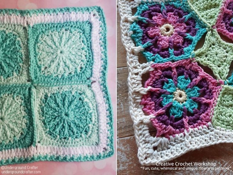 A crocheted afghan and a crocheted afghan.