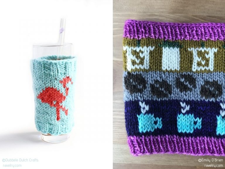 A knitted cup cozy with a flamingo on it.