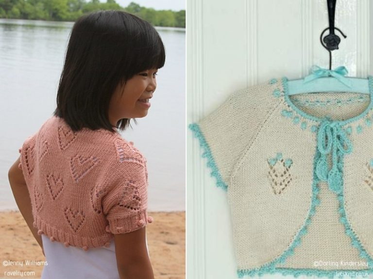 Two pictures of a little girl wearing a knitted bolero.