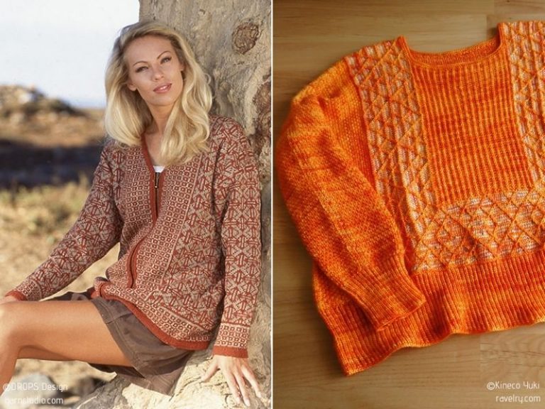 Two pictures of a woman wearing an orange sweater, showcasing different knitting patterns.