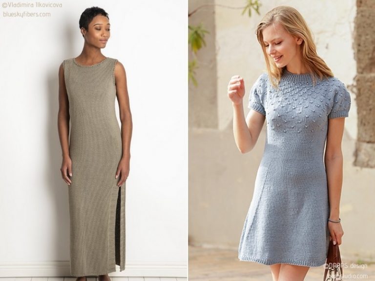 Two pictures of a woman wearing a knitted dress showcasing knitting patterns.