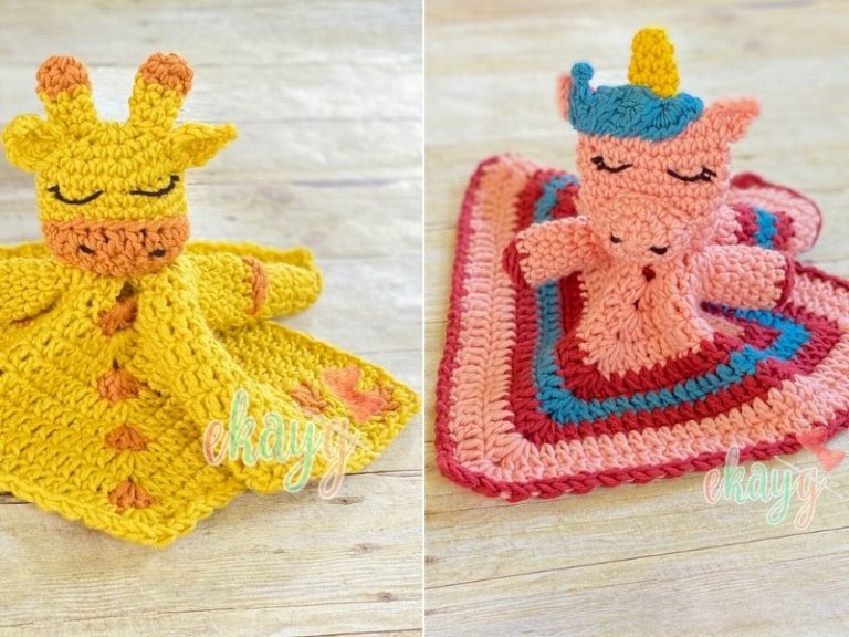 Two crocheted loveys, a giraffe, and a unicorn.