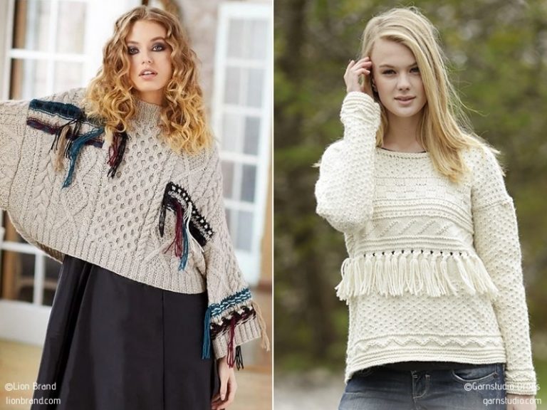 Two pictures of women wearing fringed sweaters.