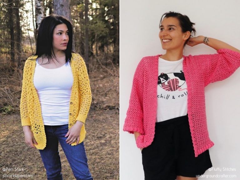 Two pictures of a woman wearing a crochet summer cardigan.