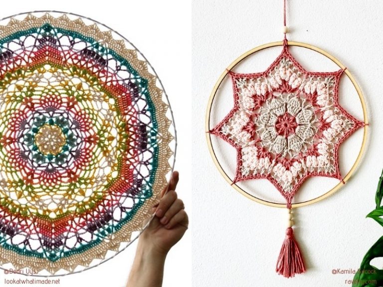 Crocheted mandalas and tassels.