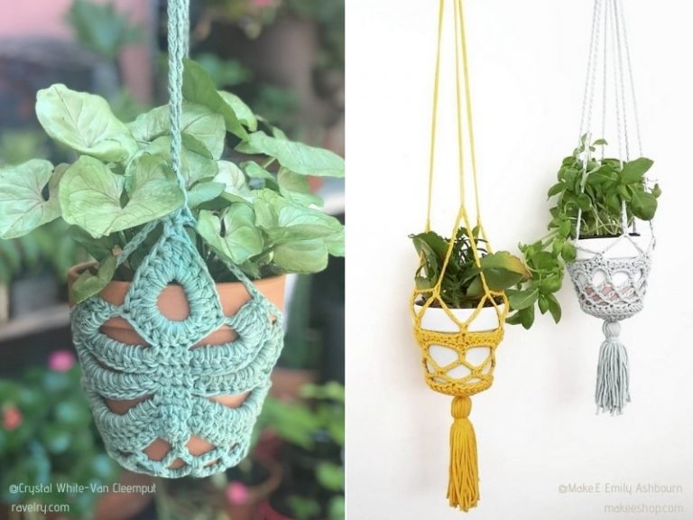 Crocheted plant hangers with tassels hanging from them, patterns available.