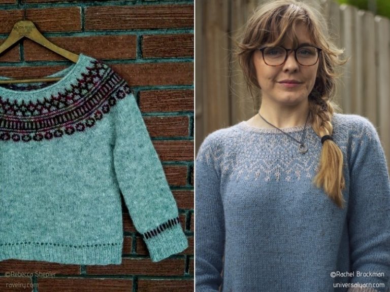 Two pictures of a woman knitting sweaters.