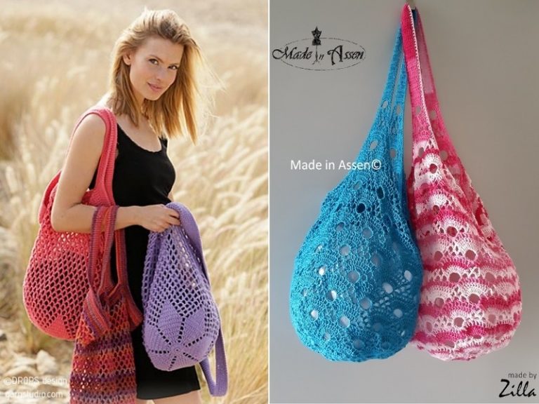 Two pictures of a woman holding a crochet bag.