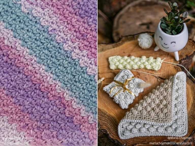 A crocheted wash cloth on a wooden table.