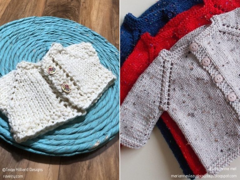 Two pictures of baby cardigans on a table, showcasing knitting patterns.