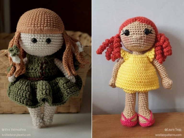Two crocheted dolls patterns with red hair.
