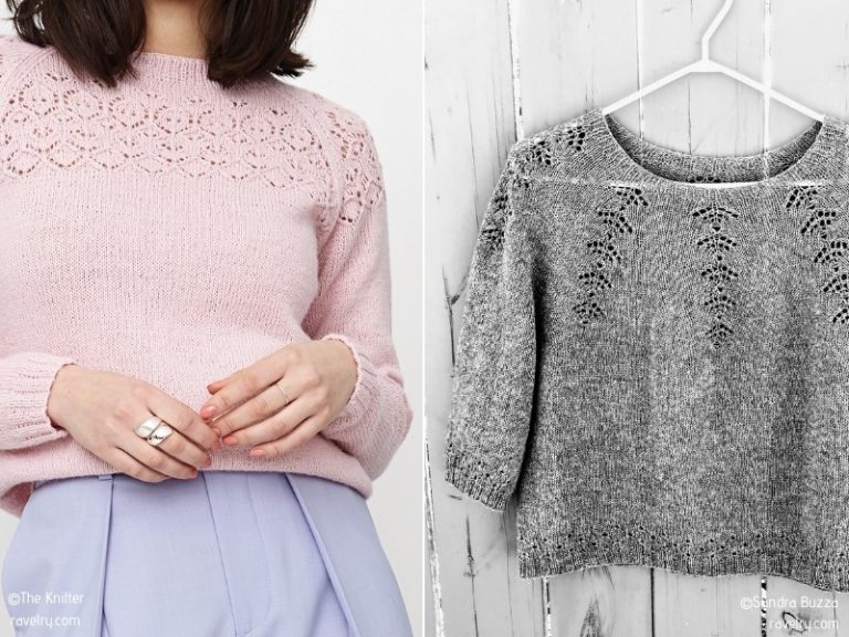 Two knitting patterns for sweaters displayed on a hanger