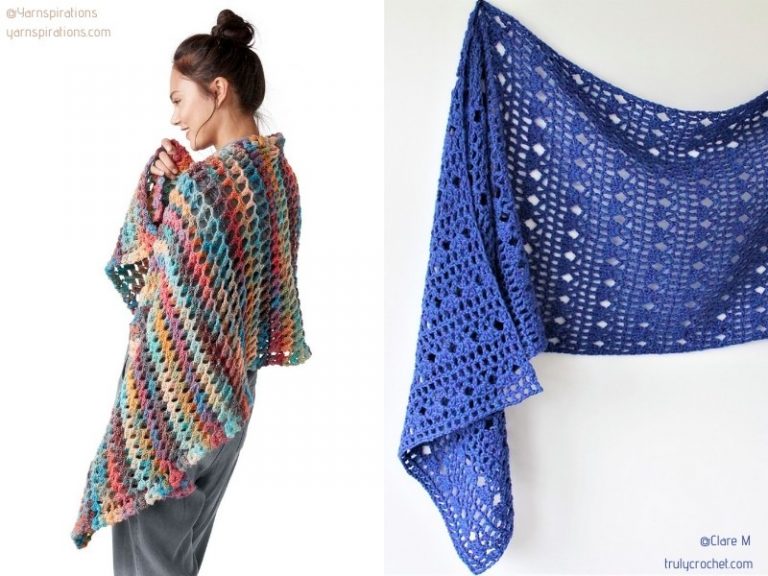 A woman is wearing a crocheted shawl made using free crochet patterns.