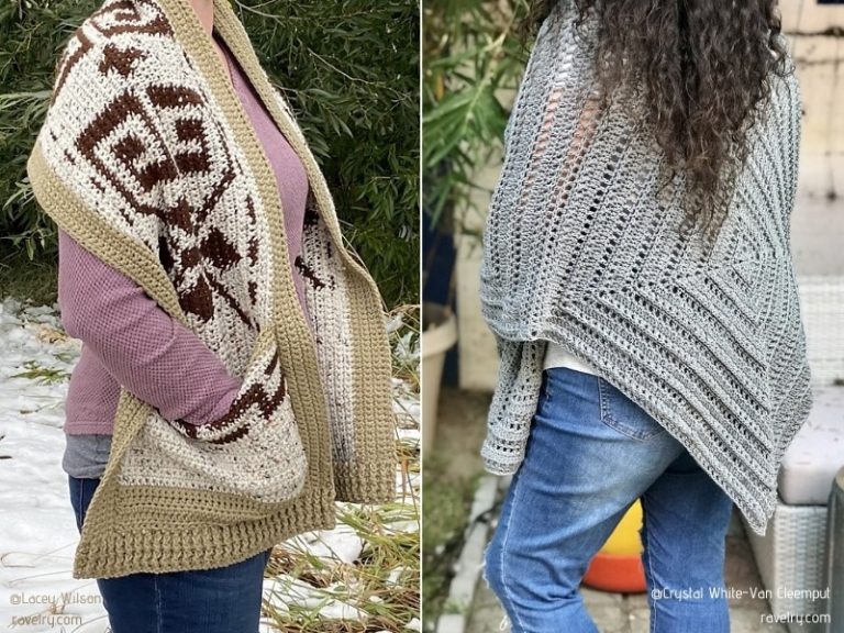 Two pictures of a woman wearing a crocheted shawl.