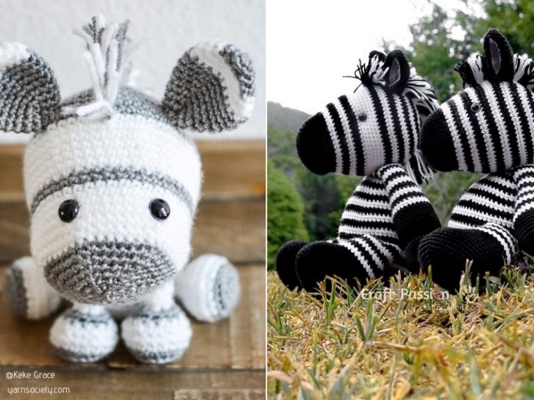 Two black and white crocheted amigurumi zebras.