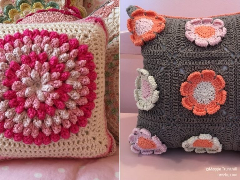 Two pictures of crocheted pillows with flowers on them, showcasing intricate crochet patterns.