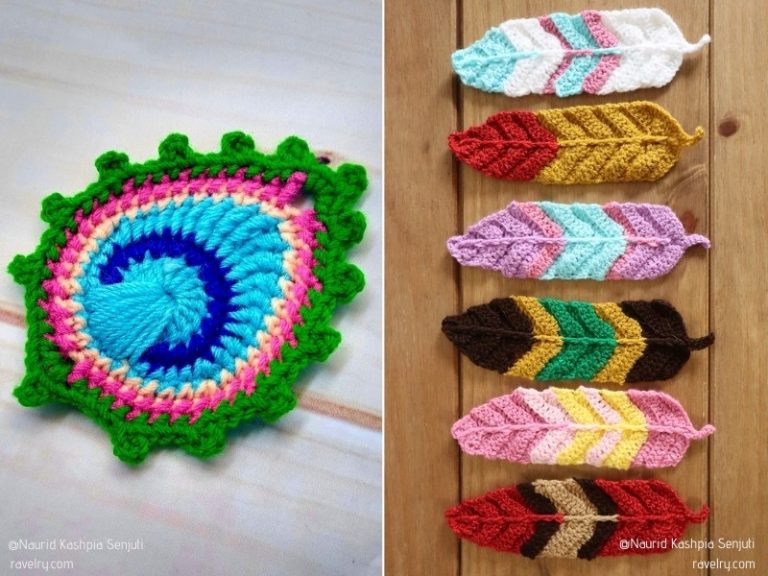 A set of crocheted feathers on a wooden table.