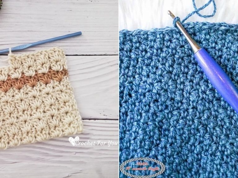 Two pictures of crochet stitches and a knitting needle.