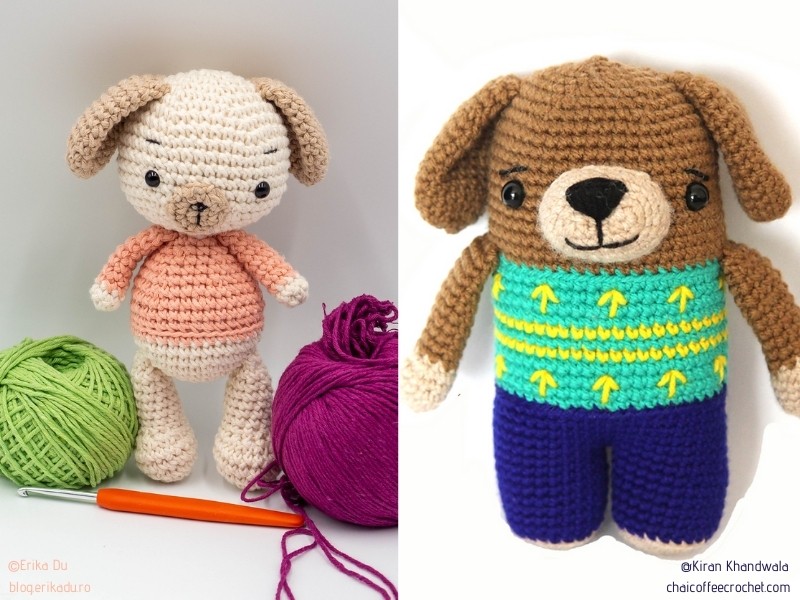 Two pictures of crocheted dogs.